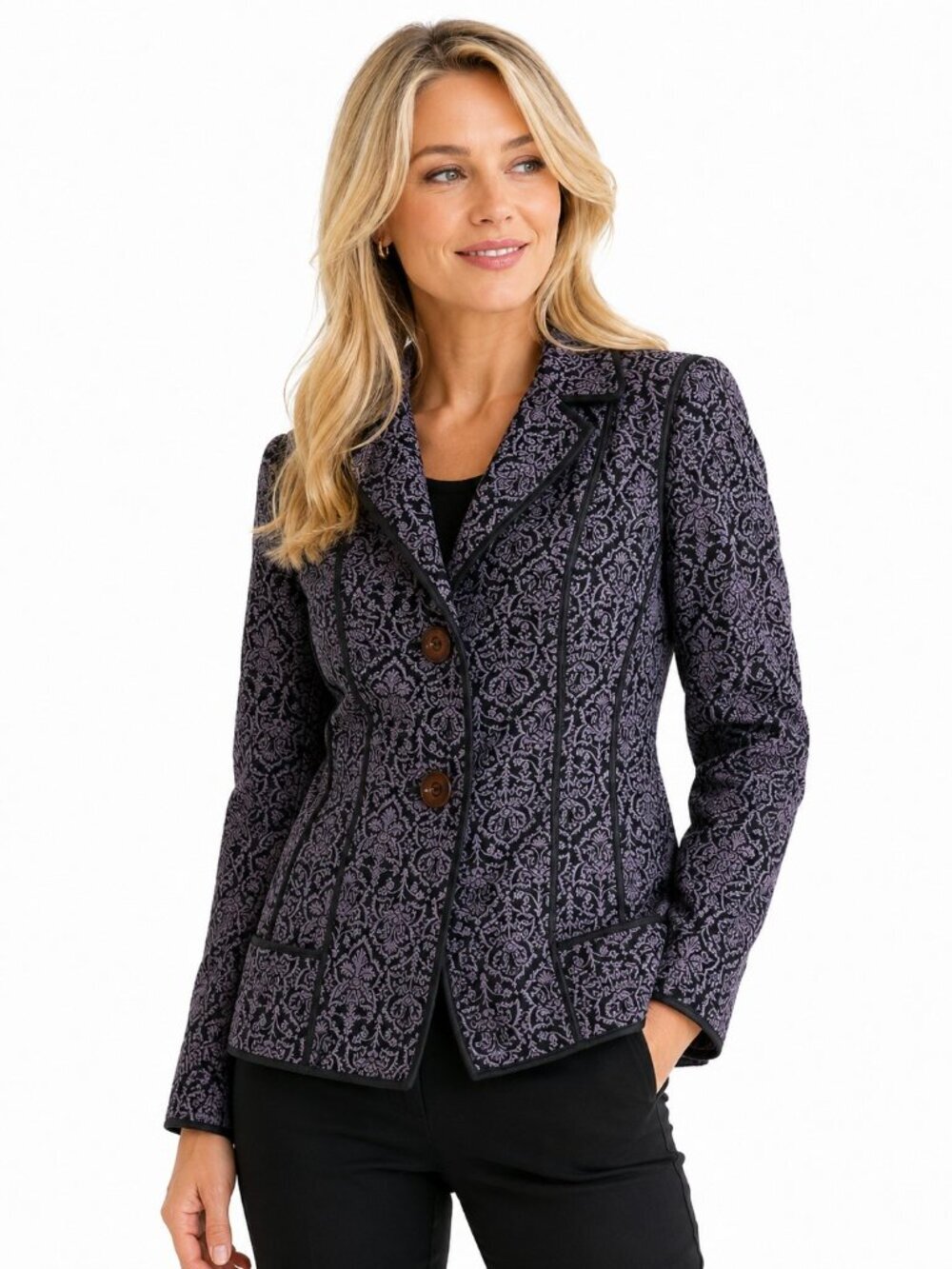 Sigrid Olsen Grey Purple Silk Wool Print Blazer